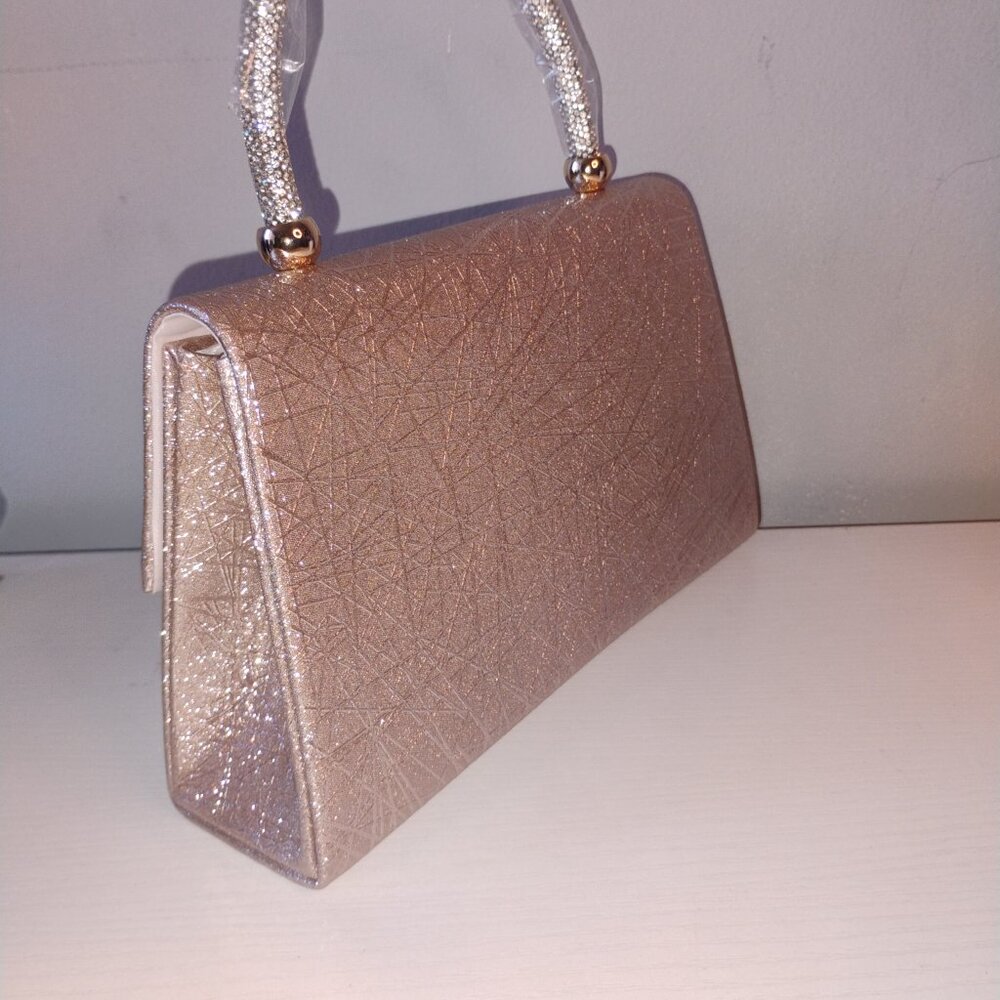 Rose Gold Glitter Crossbody Evening Bag w Rhinestone handle - Picture 3 of 4